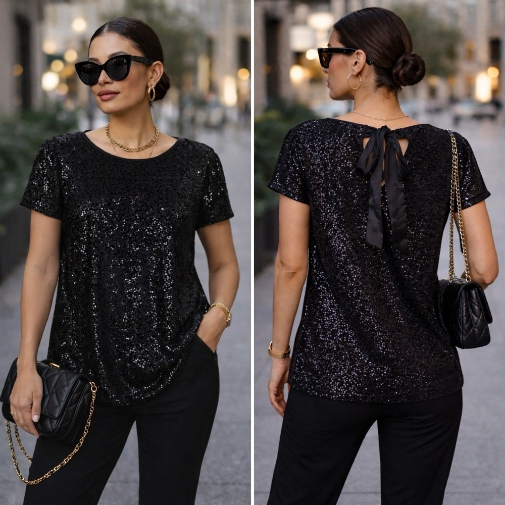 Badgley Mischka Black Velvet Sequin Tie Bow Back Top Chic Evening Glam Feminine